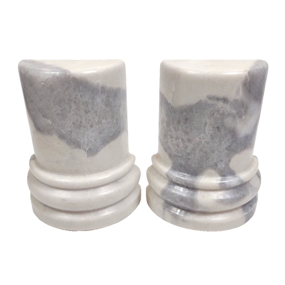Vintage Pair Classic Art Deco Natural Marble Bookends 6" White Heavy Set Of 2